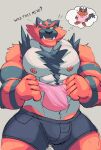  5_fingers abs anthro black_body black_clothing black_fur black_underwear blush bodily_fluids body_hair chest_hair clothed clothing cute_fangs dialogue english_text eyes_closed fingers fur hi_res holding_clothing holding_object holding_shirt holding_topwear incineroar male muscular muscular_anthro muscular_male nintendo nipples open_mouth pecs pink_clothing pink_shirt pink_topwear pok&eacute;mon pok&eacute;mon_(species) red_body red_fur shirt simple_background solo sparkles sweat sweatdrop teeth text thought_bubble topless topwear torracat underwear video_games vitashi 