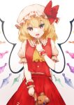  1girl absurdres ascot bangs blonde_hair bow breasts bright_pupils buttons commentary cowboy_shot crystal dress_shirt eyebrows_visible_through_hair fangs finger_to_face finger_to_mouth finger_to_own_chin flandre_scarlet frilled_bow frilled_cuffs frilled_shirt_collar frilled_sleeves frills hand_up hat hat_bow hat_ribbon head_tilt highres holding holding_stuffed_toy index_finger_raised looking_at_viewer medium_hair mob_cap open_mouth puffy_short_sleeves puffy_sleeves red_bow red_eyes red_ribbon red_skirt red_vest ribbon shirt short_hair short_sleeves sidelocks simple_background skirt small_breasts smile solo somei_ooo stuffed_animal stuffed_toy stuffing teddy_bear touhou tsurime vest white_background white_pupils white_shirt wings wrist_cuffs yellow_neckwear 