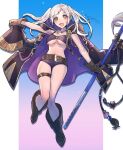  1girl belt boots breasts brown_gloves cleavage fire_emblem fire_emblem_awakening fire_emblem_heroes full_body gloves highres holding jewelry m1n0f2e1 necklace o-ring o-ring_bikini open_mouth polearm robin_(fire_emblem) robin_(fire_emblem)_(female) solo twintails twitter_username weapon white_hair 