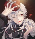  1boy ;d absurdres arm_up bangs black_jacket black_nails claw_ring crown ear_piercing earrings eyebrows_visible_through_hair fur_trim hair_between_eyes highres jacket jewelry jh kuzuha_(nijisanji) long_hair long_sleeves looking_at_viewer male_focus nail_polish nijisanji one_eye_closed open_mouth piercing pointy_ears red_eyes sharp_teeth silver_hair smile solo stud_earrings teeth upper_body virtual_youtuber 