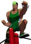  1boy bara bare_arms bare_shoulders black_hair bulge clenched_hands covered_abs covered_navel dark_skin dark_skinned_male facial_hair goatee green_hair hand_up highres looking_at_viewer male_focus multicolored_hair muscular muscular_male open_mouth pectorals short_hair sidepec sokuse_kienta solo sparkle taurus_mask thick_thighs thighs tokyo_houkago_summoners two-tone_hair white_background wrestling_outfit wrestling_ring 