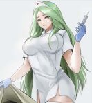  1girl closed_mouth fire_emblem fire_emblem:_three_houses green_eyes green_hair hat holding long_hair nurse nurse_cap rhea_(fire_emblem) simple_background solo the_kingduke 