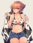  1girl animal_print beige_background bikini blue_shorts breasts brown_hair cleavage collarbone cow_print cowboy_shot denim denim_shorts eyebrows_visible_through_hair green_eyes hair_between_eyes highres kantai_collection kasumi_(skchkko) large_breasts mutsu_(kantai_collection) navel short_hair shorts simple_background solo swimsuit white_bikini 