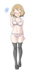  1girl absurdres arm_behind_back bangs black_footwear black_legwear blush bra closed_eyes collarbone commentary_request eyelashes flying_sweatdrops full_body hand_up highres knees light_brown_hair navel open_mouth panties pokemon pokemon_(anime) pokemon_xy_(anime) raised_eyebrows serena_(pokemon) shoes short_hair solo tax2rin thigh_gap thighhighs underwear white_bra white_panties 