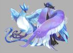  articuno closed_mouth commentary galarian_articuno galarian_form gen_1_pokemon gen_8_pokemon glowing glowing_eyes green_eyes grey_background legendary_pokemon looking_at_another no_humans open_mouth pokemon pokemon_(creature) red_eyes simple_background sparkle talons volpecorvo 