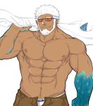  1boy abs aegir_(tokyo_houkago_summoners) anchor_earrings aqua_hair bara beard blue_eyes dark_skin dark_skinned_male earrings facial_hair fins highres holding holding_clothes holding_shirt jewelry male_focus multicolored_hair muscular muscular_male navel navel_hair nipples open_clothes open_shorts pectorals shirt shirtless short_hair shorts single_earring solo stomach streaked_hair sunglasses tokyo_houkago_summoners white_hair white_male_underwear xiaojishangtian 