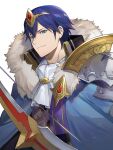  1boy armor ascot blue_eyes blue_hair bow_(weapon) chrom_(fire_emblem) circlet collared_shirt commentary_request fire_emblem fire_emblem_awakening fire_emblem_heroes fur_collar highres kyufe male_focus pauldrons shirt shoulder_armor solo weapon 