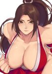  1girl bare_shoulders bent_over breasts brown_eyes brown_hair cleavage closed_mouth commentary_request curvy fatal_fury halterneck hand_on_hip high_ponytail large_breasts long_hair looking_at_viewer ninja nipple_slip nipples ponytail revealing_clothes shiranui_mai the_king_of_fighters white_background yasunososaku 