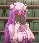  1girl bangs blue_ribbon blunt_bangs blush book bookshelf capelet commentary covering_face crescent crescent_pin english_commentary full-face_blush hat hat_ribbon highres long_hair looking_at_viewer mata_(matasoup) mob_cap patchouli_knowledge purple_eyes purple_hair red_ribbon ribbon robe solo touhou very_long_hair 
