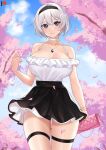  1girl bag bangs bare_shoulders black_hairband black_skirt blue_eyes blue_sky bracelet breasts cherry_blossoms choker chungmechanic cleavage closed_mouth cloud earrings falling_petals hair_between_eyes hairband handbag highres jewelry large_breasts looking_at_viewer miniskirt mole mole_under_mouth necklace nier_(series) nier_automata petals shirt_tucked_in silver_hair skirt sky smile standing thick_thighs thigh_strap thighs white_choker yorha_no._2_type_b 