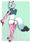  anthro arctic_fox arm_warmers armwear backsack balls big_butt biped black_nose blue_eyes blue_hair blush bulge butt canid canine clothed clothing collar crop_top crossdressing eyelashes fingerless_armwear fluffy fluffy_tail fox fur genitals girly hair leash legwear long_hair looking_at_viewer male mammal messy_hair multicolored_body multicolored_fur multicolored_hair multicolored_tail niko_(sea-soap) panties pattern_clothing pattern_legwear pattern_stockings piercing sea-soap shirt small_waist smile solo stockings striped_clothing striped_legwear striped_stockings stripes thigh_highs topwear two_tone_hair underwear white_body white_fur wide_hips 