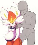  &lt;3 anthro belly_rub blush cinderace duo eyes_closed female fur genitals happy hi_res human lagomorph male male/female mammal motion_lines nintendo pok&eacute;mon pok&eacute;mon_(species) pregnant pussy simple_background smile video_games white_background white_body white_fur 武弾典斎 