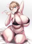  1girl areola_slip areolae belly bikini bikini_bottom bikini_top black_bikini blue_eyes blush breasts brown_hair bursting_breasts cleavage collarbone curvy highres huge_breasts intrepid_(kantai_collection) kantai_collection konoshige_(ryuun) large_areolae looking_at_viewer mature micro_bikini navel plump ponytail short_hair skindentation solo stomach swimsuit thick_thighs thighs underboob wide_hips 