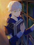  1boy ashe_ubert book book_hug eyebrows_visible_through_hair fire_emblem freckles garreg_mach_monastery_uniform highres holding holding_book kyufe male_focus open_mouth shelf solo white_hair yellow_eyes 