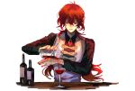  1boy alcohol bartender bottle closed_mouth cup diluc_(genshin_impact) drinking_glass fingernails genshin_impact hair_between_eyes highres holding holding_cup long_hair male_focus populamalus pouring red_hair red_nails simple_background solo white_background wine_glass yellow_eyes 