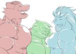  2017 abs anthro biceps big_muscles big_pecs big_shoulders blush colored decidueye eyes_closed geng glistening glistening_body grin group hair huge_muscles huge_pecs incineroar laugh long_hair male muscular muscular_anthro muscular_arms muscular_male nintendo pecs pok&eacute;mon pok&eacute;mon_(species) primarina sharp_teeth short shorter_male simple_background simple_coloring size_difference smile squeezed tall teeth thick_neck trio video_games 