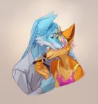  2021 anthro blue_body blue_fur blue_hair brown_nose canid canine clothed clothing digital_media_(artwork) duo eyebrows eyelashes fox fur hair hi_res male mammal orange_body orange_fur orphen-sirius smile 