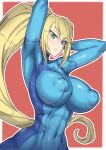  1girl arms_behind_head blonde_hair bodysuit breasts covered_nipples dragra expressionless green_eyes highres long_hair looking_at_viewer metroid ponytail puffy_nipples samus_aran solo very_long_hair zero_suit 