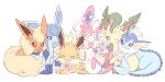  :&gt; :3 brown_eyes closed_eyes closed_mouth flareon gen_1_pokemon gen_4_pokemon gen_6_pokemon glaceon highres jolteon leafeon looking_at_viewer looking_to_the_side moco_font mouth_hold no_humans one_eye_closed photo_(object) pokemon pokemon_(creature) smile sylveon vaporeon 