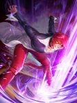  arms_up choker cropped_jacket dark_persona fire grin hair_over_one_eye highres hunched_over official_art orochi_iori pants possessed purple_fire pyrokinesis red_hair red_pants shirt smile snk the_king_of_fighters the_king_of_fighters_all-stars white_shirt yagami_iori yellow_eyes 