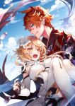  1boy 1girl :o absurdres blonde_hair blue_eyes blue_sky blush carrying cloud dress earrings fingerless_gloves genshin_impact gloves hand_on_another&#039;s_thigh highres jewelry looking_at_viewer lumine_(genshin_impact) mimoontk open_mouth orange_hair princess_carry red_scarf scarf sky tartaglia_(genshin_impact) tongue tongue_out water wavy_mouth white_dress white_legwear yellow_eyes 