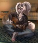  2021 4_toes 5_fingers absurd_res anthro breasts digital_media_(artwork) eri-yo feet felid female fingers hair hi_res mammal open_mouth pantherine smile snow_leopard solo teeth text toes tongue url white_hair 