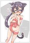  1girl akebono_(kantai_collection) animal_ears artist_name bell bespectacled black-framed_eyewear cat_ears cat_tail dated feet_out_of_frame flat_chest flower fyuo glasses grey_hair hair_bell hair_flower hair_ornament hair_ribbon highres jingle_bell kantai_collection long_hair naked_ribbon purple_eyes ribbon side_ponytail solo standing tail two-tone_background very_long_hair white_background 