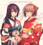  2021 2girls alternate_costume arrow_(projectile) bangs black_hair brown_hair ema green_eyes hair_between_eyes hair_ornament hamaya happy_new_year highres japanese_clothes kantai_collection kasumi_(skchkko) kimono long_hair long_sleeves looking_at_viewer multiple_girls mutsu_(kantai_collection) nagato_(kantai_collection) new_year obi print_kimono red_eyes sash short_hair smile wide_sleeves 