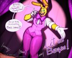  2021 animatronic anthro bow_tie buckteeth clothed clothing dialogue english_text five_nights_at_freddy&#039;s five_nights_at_freddy&#039;s_4 freckles fur girly gloves green_eyes handwear head_tuft hi_res holding_object lagomorph leporid littlegeecko long_ears looking_at_viewer machine male mammal microphone offscreen_character rabbit robot solo spring_bonnie_(fnaf) talking_to_viewer teeth text thick_thighs tuft video_games watermark whiskers yellow_body yellow_fur 