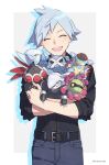  1boy aggron armaldo artist_name bangs belt black_shirt blush buttons character_doll claydol closed_eyes commentary_request cradily gen_2_pokemon gen_3_pokemon grey_hair highres jewelry male_focus metagross open_mouth pants pokemon pokemon_(game) pokemon_rse ring shiny shiny_hair shirt skarmory sleeves_rolled_up smile steven_stone teeth xia_(ryugo) |d 