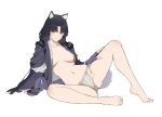  &gt;:) 1girl animal_ears arknights arm_support bangs bare_legs barefoot black_hair blush bracelet breasts breasts_apart brown_eyes closed_mouth dog_ears dog_girl dog_tail elbow_gloves eyebrows_visible_through_hair fingerless_gloves fundoshi gloves hand_on_own_thigh highres japanese_clothes jason_kim jewelry leaning_back long_hair long_sleeves looking_at_viewer medium_breasts navel parted_bangs purple_gloves saga_(arknights) simple_background sitting smile solo spread_legs stomach tail tasuki v-shaped_eyebrows very_long_hair white_background 