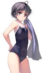  1girl absurdres ahoge bangs black_hair blue_eyes blue_swimsuit breasts chestnut_mouth competition_school_swimsuit covered_navel eyebrows_visible_through_hair grey_hair hand_on_hip highres holding looking_at_viewer masao one-piece_swimsuit original photoshop_(medium) revision school_swimsuit short_hair simple_background small_breasts solo swimsuit towel white_background 