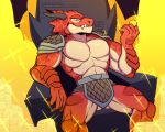  2020 4_fingers 5:4 abs anthro armor barazoku biceps bottomwear brawlhalla butt chair claws clothed clothing coin dragon fangs fingers fire furniture hi_res horn littlegeecko loincloth looking_at_viewer male manly money mostly_nude multicolored_body multicolored_skin muscular pecs pupils ragnir_(brawlhalla) red_body red_skin scalie sharp_claws sharp_teeth shorts shoulder_guards sitting slit_pupils smile solo spread_legs spreading tan_body tan_skin teeth thick_thighs throne topless topless_male triceps video_games 