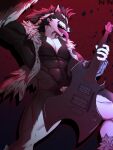  3:4 abs anthro black_body black_fur chazer_n convenient_censorship covering covering_crotch electric_guitar fur guitar hi_res long_tongue looking_at_viewer looking_down low-angle_view male mammal multicolored_body multicolored_fur muscular muscular_male musical_instrument mustelid nintendo nude obstagoon plucked_string_instrument pok&eacute;mon pok&eacute;mon_(species) pose pubes solo string_instrument tongue tongue_out two_tone_body two_tone_fur video_games white_body white_fur 