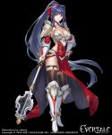  1girl blue_hair breasts cleavage cuboon evertale green_eyes hair_ribbon hand_on_hip highres holding holding_weapon long_hair looking_at_viewer ludmilla mace medium_breasts official_art panties red_ribbon ribbon smile underwear very_long_hair weapon 