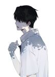  1boy adjusting_clothes adjusting_necktie bangs black_hair character_request collared_shirt copyright_request doomie1 from_side grey_background hand_up looking_at_viewer looking_to_the_side male_focus necktie open_mouth shirt short_hair simple_background solo upper_body 