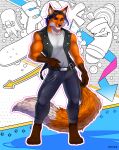  2021 anthro apple-faced barefoot baxter_mikasa black_belt black_hair black_nose blue_bottomwear blue_clothing blue_hair blue_pants bottomwear brown_body brown_fur canid canine clothing digital_media_(artwork) dipstick_tail ear_piercing ear_ring fox front_view full-length_portrait fur graffiti hair hi_res inner_ear_fluff leather leather_clothing leather_topwear leather_vest long_tail looking_at_viewer male mammal multicolored_body multicolored_fur multicolored_hair multicolored_tail orange_body orange_fur orange_tail pants piercing portrait purple_eyes shirt signature solo standing t-shirt topwear tuft two_tone_body two_tone_fur two_tone_hair two_tone_tail vest white_clothing white_shirt white_tail white_topwear 