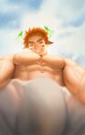  1boy abs absurdres animal_ears bara brown_eyes brown_hair bulge cow_boy cow_ears cow_horns facial_hair fiery_horns forked_eyebrows from_below glowing_horns goatee highres horns looking_at_viewer male_focus muscular muscular_male navel nipples pectorals self_shot shirotsubaki_97 shirtless short_hair shorts sky smile solo spiked_hair stomach thick_eyebrows thick_thighs thighs tokyo_houkago_summoners veins wakan_tanka white_shorts 