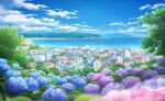  antennae bay beach blue_flower blue_sky blurry boat building cityscape cloud commentary_request day depth_of_field flower highres house hydrangea leaf mountain mountainous_horizon no_humans ocean original outdoors pink_flower purple_flower sachiko15 scenery shore sky tree watercraft 