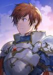  1boy armor breastplate brown_eyes brown_hair buckle cloud commentary_request fire_emblem fire_emblem:_thracia_776 fire_emblem_heroes highres kyufe leif_(fire_emblem) male_focus pauldrons shoulder_armor sky solo strap 