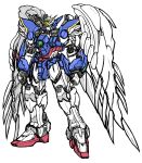  &lt;karasu absurdres clenched_hands green_eyes gundam gundam_wing gundam_wing_endless_waltz highres mecha mobile_suit no_humans science_fiction solo standing v-fin white_background wing_gundam_zero_custom wings 