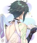  1boy ahoge arm_tattoo back bead_necklace beads food from_behind genshin_impact gloves green_hair gumilkx highres holding holding_plate jewelry male_focus necklace plate simple_background sleeveless solo sparkle tattoo tofu xiao_(genshin_impact) 