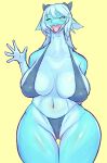  2020 anthro big_breasts bikini blue_body blue_hair blue_scales blush breasts clothing curvy_figure dragon eyelashes eyes_closed fangs female front_view genitals gesture hair hi_res horn kemono nipple_outline open_mouth portrait pussy pussy_floss scales scalie sharp_teeth simple_background skimpy_bikini solo solterv standing swimwear teeth three-quarter_portrait tongue voluptuous waving wide_hips yellow_background 
