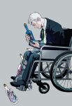  1boy beatrice_(umineko) becomeafish black_suit bottle cork green_neckwear hachijou_tooya holding holding_bottle male_focus message_in_a_bottle necktie older solo umineko_no_naku_koro_ni ushiromiya_battler wheelchair white_hair 