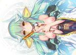  breasts close fan fate/grand_order fate_(series) green_hair hong_(white_spider) horns japanese_clothes kiyohime_(fate/grand_order) long_hair nipples yellow_eyes 