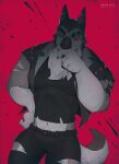  2021 canid canid_demon canine canis canyne_khai clothing demon eyes_closed fur grey_body grey_fur hand_on_mouth hellhound helluva_boss male mammal red_background scar simple_background solo vortex_(vivzmind) wolf 