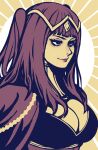  1girl akairiot bangs black_eyes black_eyeshadow black_hair breasts cape cleavage english_commentary fire_emblem fire_emblem_awakening from_side headdress highres large_breasts looking_ahead parted_lips smile solo sun tharja_(fire_emblem) two_side_up 