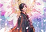  1boy alternate_costume artist_name bangs black_hair black_kimono floral_background flower freckles head_tilt japanese_clothes kimono male_focus one_piece parted_bangs petals portgas_d_ace short_hair smile solo tsuyomaru twitter_username upper_body 