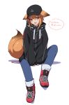  1girl :d absurdres animal_ear_fluff animal_ears bangs baseball_cap between_legs black_headwear black_jacket blue_pants brown_hair denim drawstring eyebrows_visible_through_hair fang fox_ears fox_girl fox_tail full_body hair_between_eyes hand_between_legs hat highres jacket jeans knee_up long_sleeves looking_at_viewer minowa_sukyaru open_mouth original pants puffy_long_sleeves puffy_sleeves red_footwear shadow shoes sitting sleeves_past_wrists smile solo tail translation_request white_background 