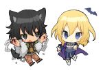  2girls andou_(girls_und_panzer) animal_ears bat black_eyes black_hair blonde_hair blue_eyes blue_pants capelet chain chibi claws fur_collar fur_trim girls_und_panzer looking_at_viewer multiple_girls oshida_(girls_und_panzer) outstretched_arm pants smile standing standing_on_one_leg tail tan3charge wavy_mouth white_background wolf_ears wolf_tail 